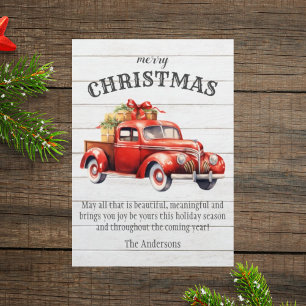 Old rustic wood red car Christmas card