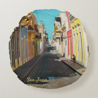 Old San Juan Cobblestone Street Photography Round Cushion