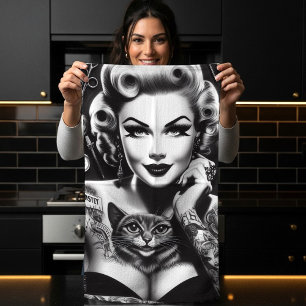 Old School Alternative Tattooed Girl Tea Towel