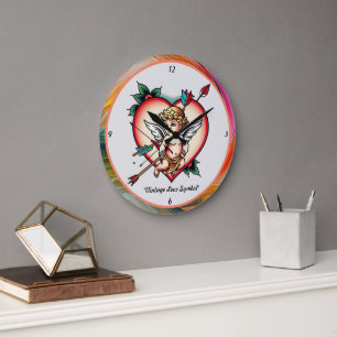 Old-School Cupid Tattoo Style Large Clock