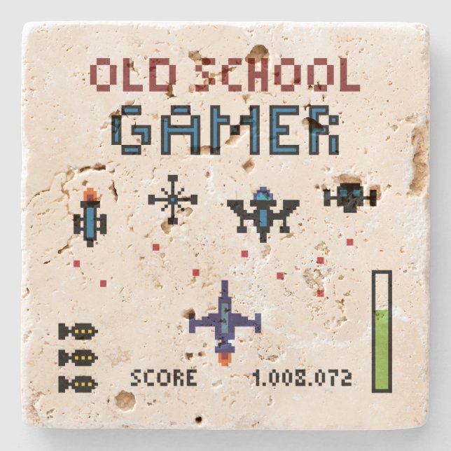 Old School Gamer Spacheship Stone Coaster (Front)