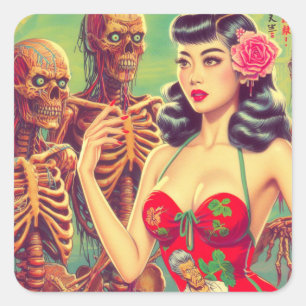 Old School Horror Girl Square Sticker