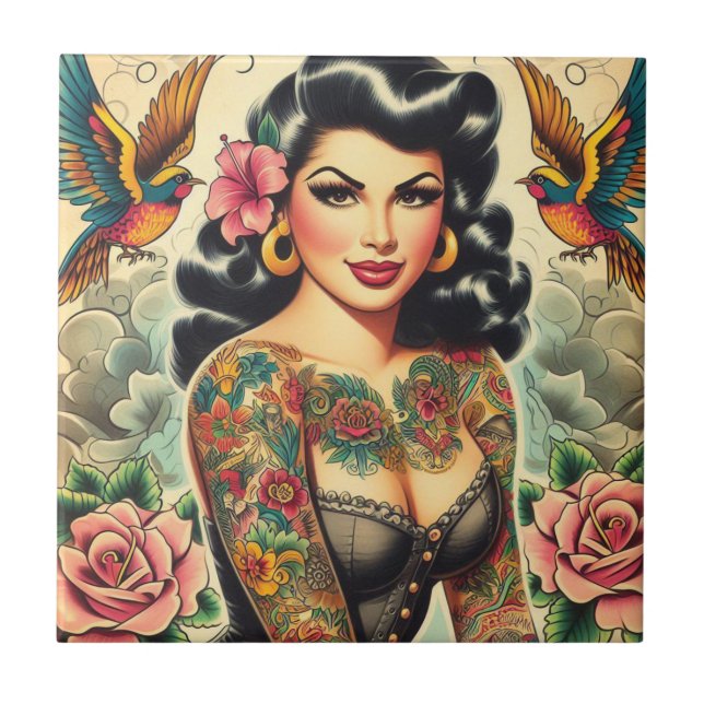 Old School Inked Girl Ceramic Tile (Front)