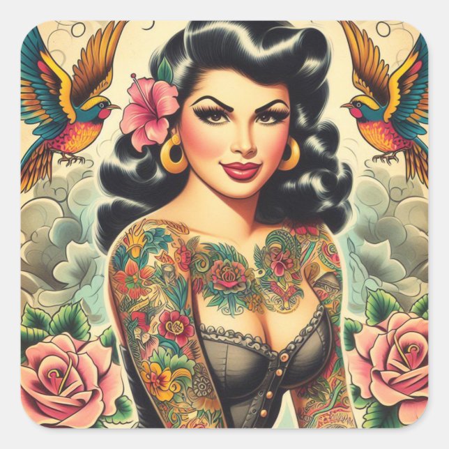 Old School Inked Girl Square Sticker (Front)
