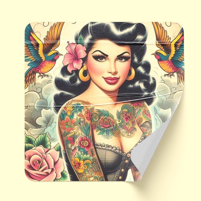 Old School Inked Girl Square Sticker (Creator Uploaded)