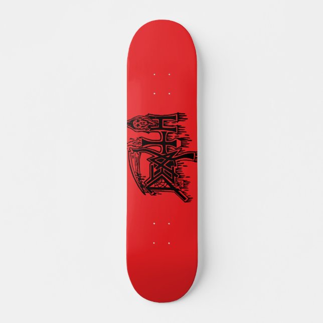 Old school logo red on black deck skateboard (Front)