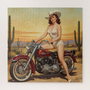 Old school  Retro Pin-up girl on motorcycle Jigsaw Puzzle