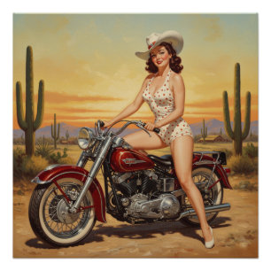 old school  Retro Pin-up girl on motorcycle Poster