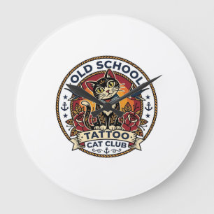 Old School Tattoo Cat Cute Kitty Design - Old Scho Large Clock