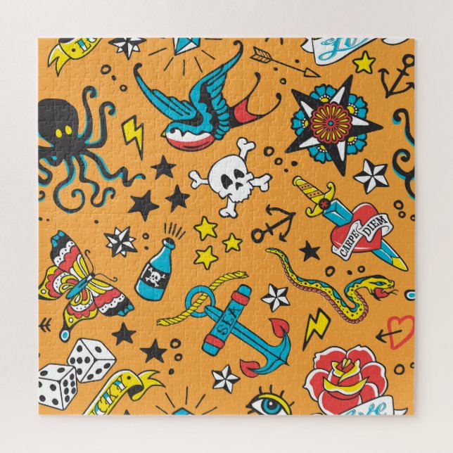 Old School Tattoo: Cute Seamless Jigsaw Puzzle (Vertical)