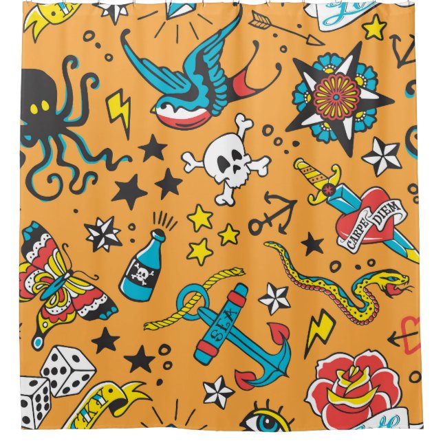Old School Tattoo: Cute Seamless Shower Curtain (Front)