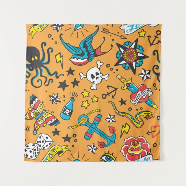Old School Tattoo: Cute Seamless Tapestry (Front)