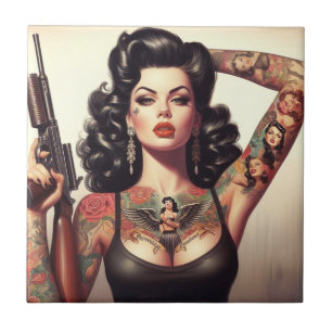 Old School Tattoo Girl Ceramic Tile