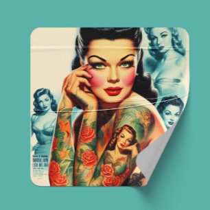 Old School Tattoo Girl Square Sticker