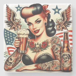 Old School Tattoo Girl Stone Coaster
