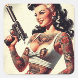 Old School Tattoo Hot Girl Square Sticker