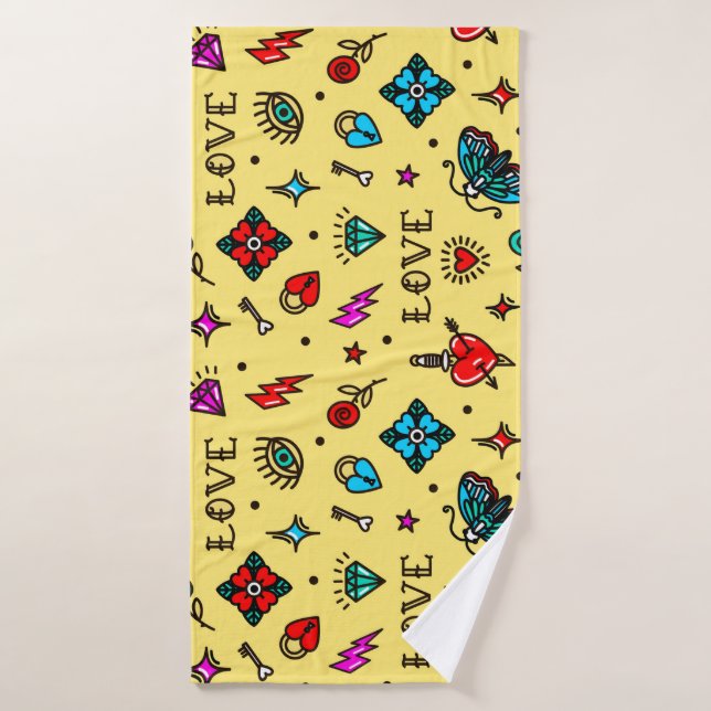 Old School Tattoo Love Pattern Bath Towel (Bath Towel)