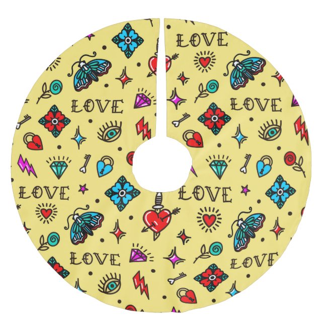 Old School Tattoo Love Pattern Brushed Polyester Tree Skirt (Front)
