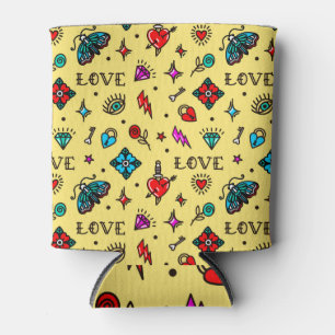 Old School Tattoo Love Pattern Can Cooler