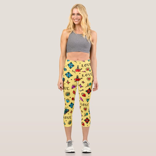 Old School Tattoo Love Pattern Capri Leggings (Front)