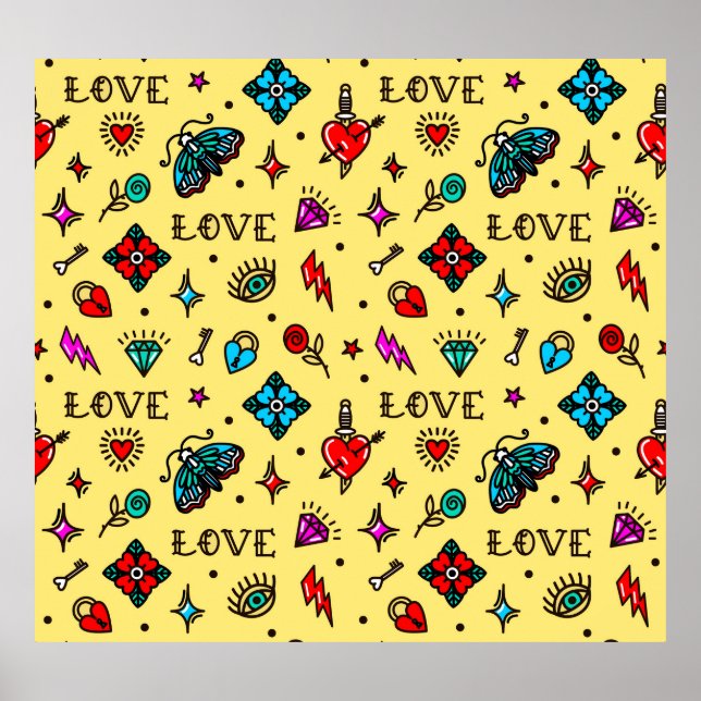 Old School Tattoo Love Pattern Poster (Front)