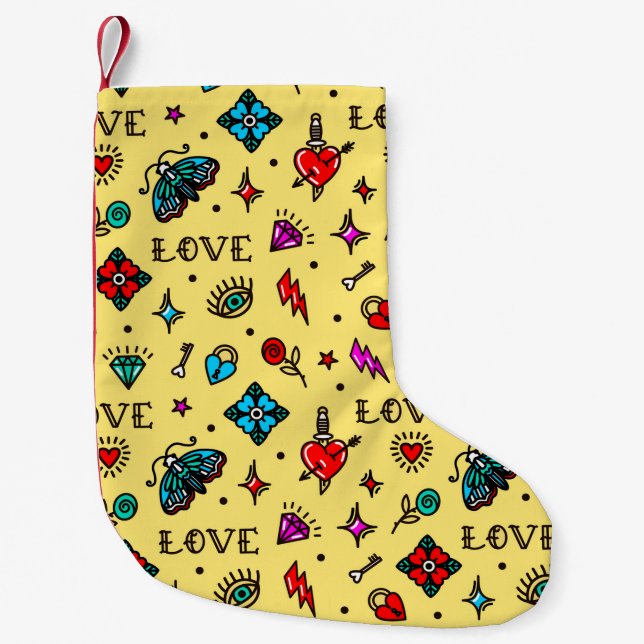 Old School Tattoo Love Pattern Small Christmas Stocking (Front)