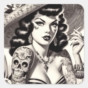 Old School Tattoo Pinup Square Sticker