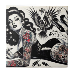 Old School Tattooed Girl Ceramic Tile