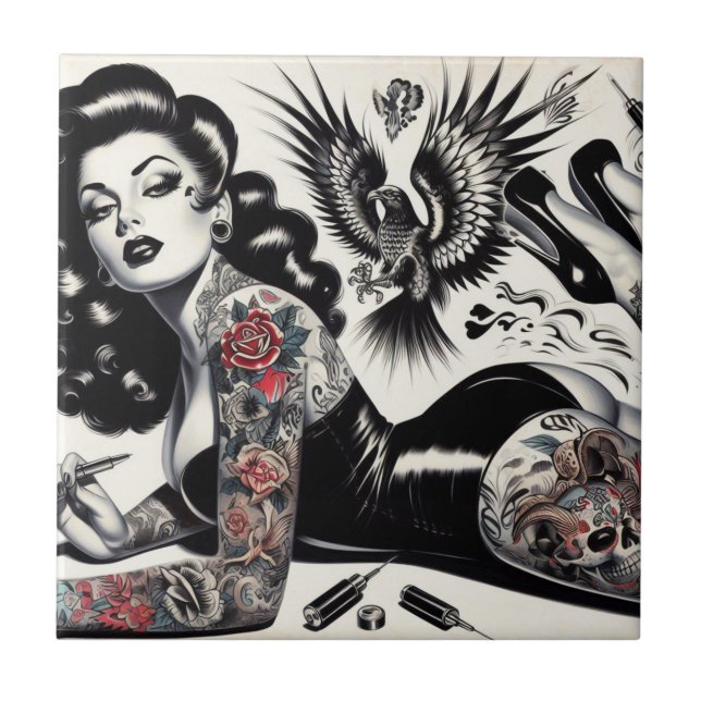 Old School Tattooed Girl Ceramic Tile (Front)