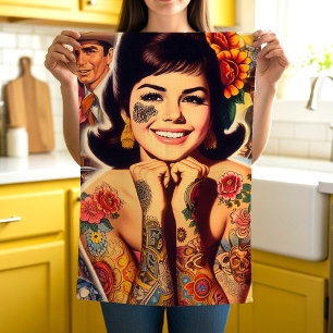 Old School Tattooed Girl Tea Towel