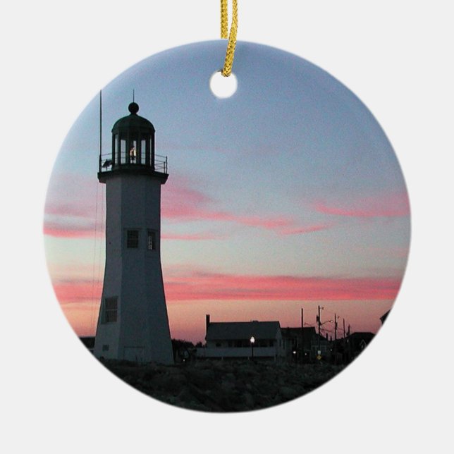 Old Scituate Lighthouse at Twilight Ceramic Ornament (Front)