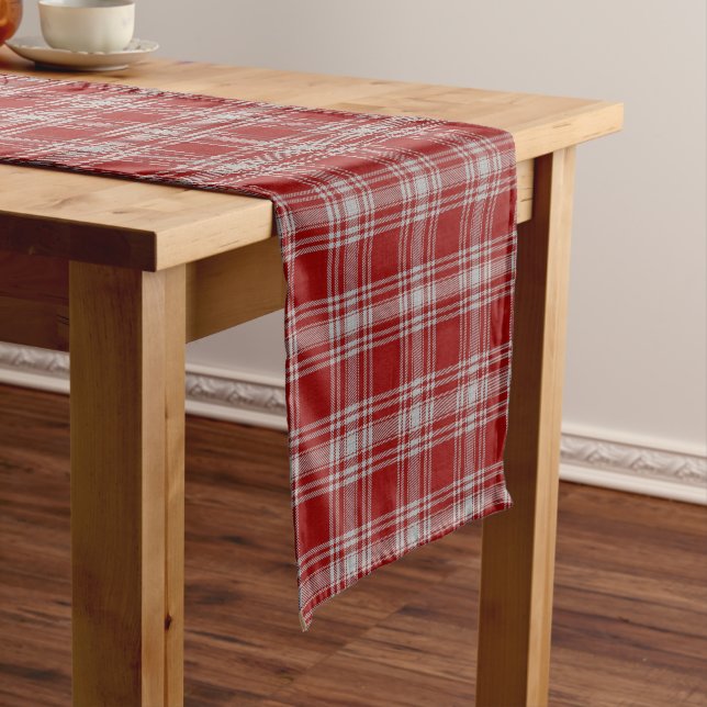 Old Scottish Clan Menzies Red White Tartan Plaid Short Table Runner (In Situ)