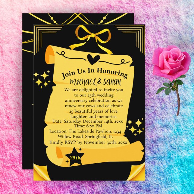 Old Scroll Black & Goal 25th Wedding Anniversary  Invitation (Creator Uploaded)