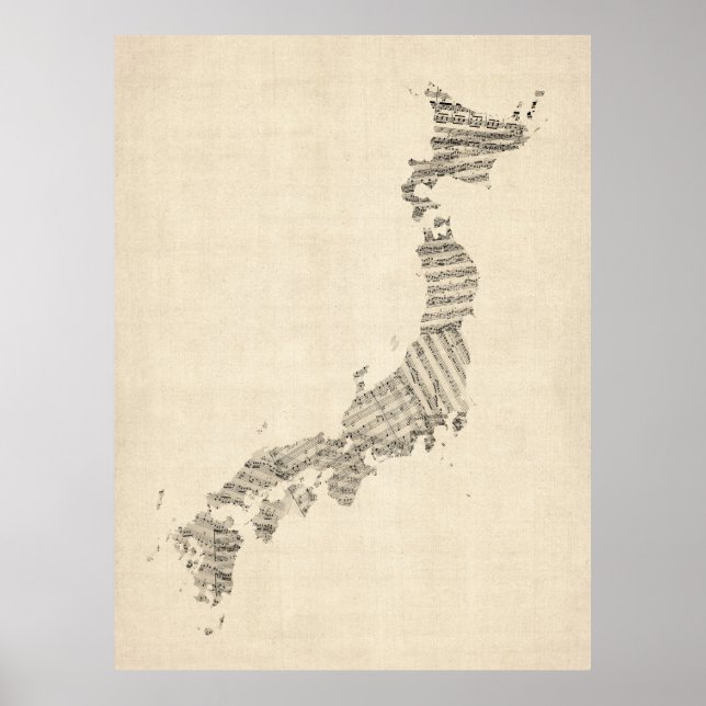 Old Sheet Music Map of Japan Poster (Front)