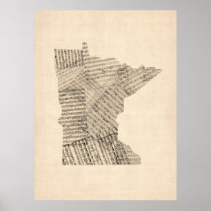 Old Sheet Music Map of Minnesota Poster