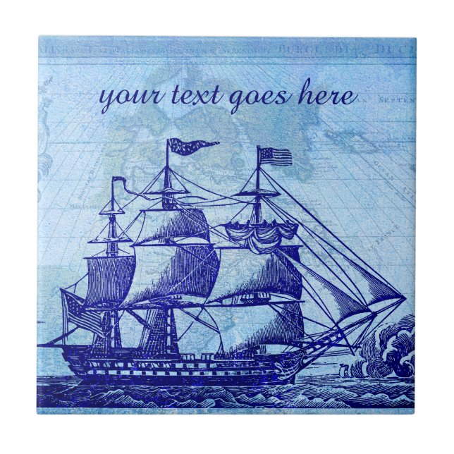 Old Ship and Map Blue Beach House Ceramic Tile (Front)
