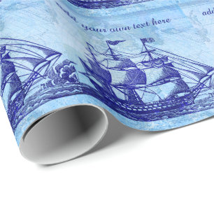 Old Ship and Map Blue Beach House Wrapping Paper