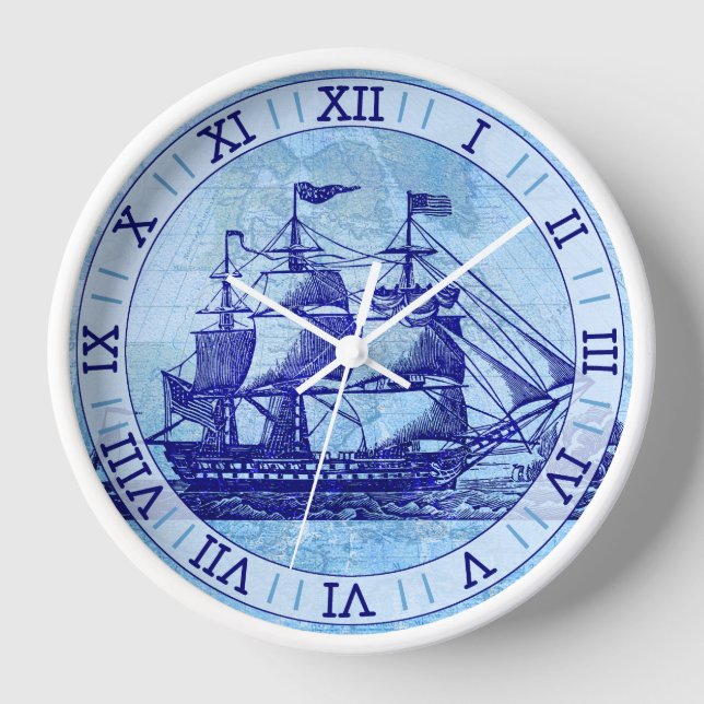 Old Ship and Map Blue Nautical Sailing Wall Clock (Front)