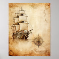 Old ship and Windrose Compass Antique Map