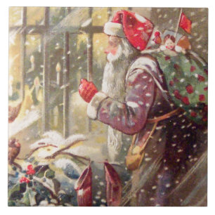 Old St. Nicholas with Gifts in Snow Vintage Ceramic Tile