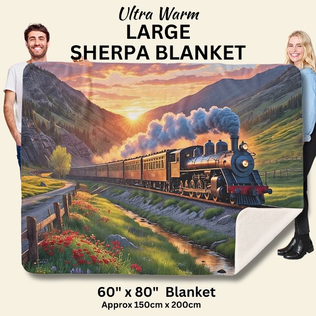 Old Steam Engine Locomotive Train Mountain Sunset  Sherpa Blanket (Creator Uploaded)