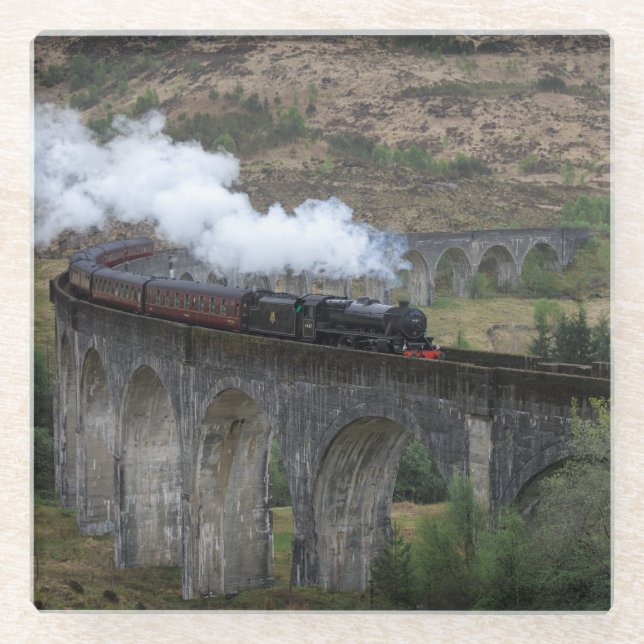 Old steam train on Glenfinnan Viaduct Glass Coaster (Front)
