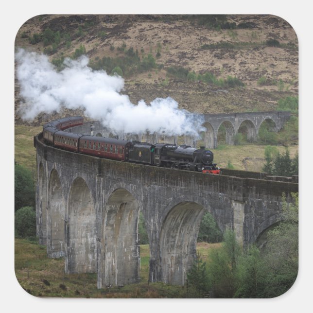 Old steam train on Glenfinnan Viaduct Square Sticker (Front)