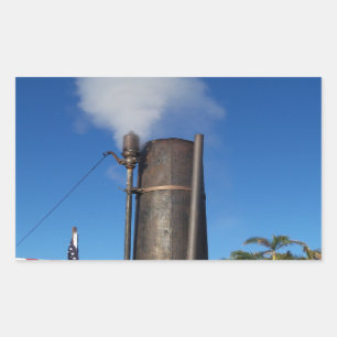 old steam whistle with a white plume of steam rectangular sticker