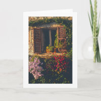 OLD STONE BLDG. WINDOW WITH WOODEN SHUTTERS &FLOWE