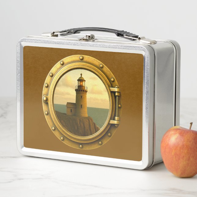 Old Stone Lighthouse Brown Metal Lunchbox (In Situ)