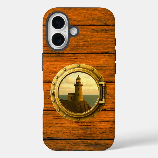 Old Stone Lighthouse Wood Grain iPhone 16 Case (Back)