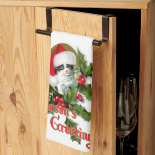 Old Style Christmas Kitten Season's Greetings Tea Towel