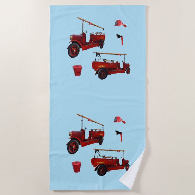 Old Style Fire Fighting Trucks And Axe, Beach Towel (Front)