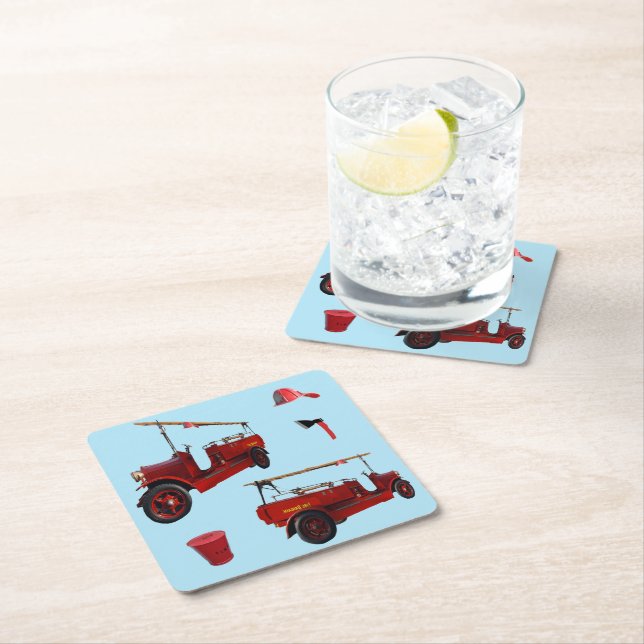 Old Style Fire Fighting Trucks And Axe, Square Paper Coaster (Insitu)